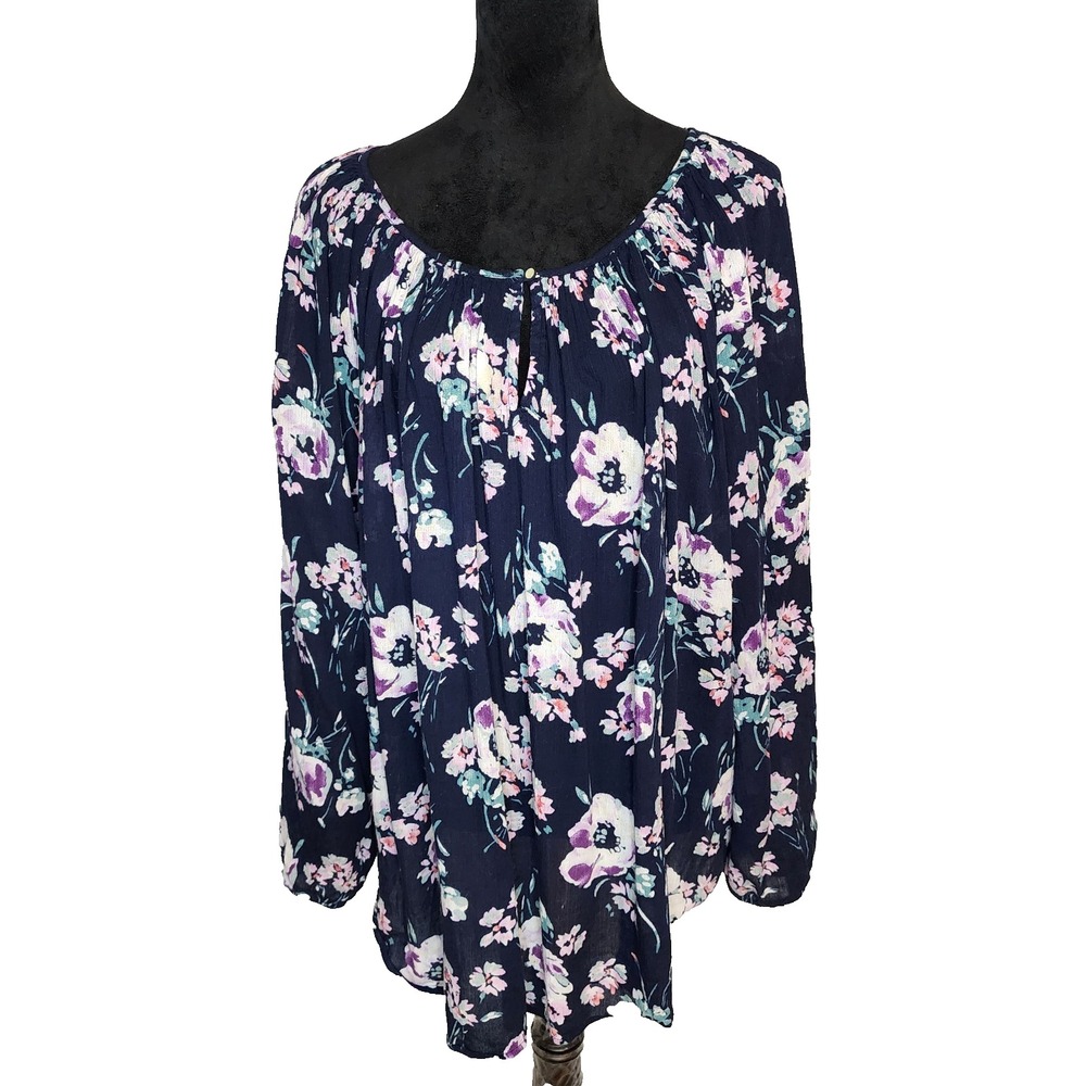 CHAPS 2X Navy Floral Peasant Blouse Keyhole Slub Cotton Gauze Long Sleeve Top